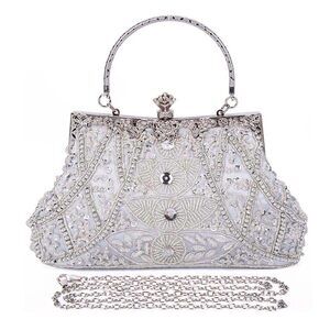 4304 Beaded Clutch Purse Silver Evening Bags 1920s Vintage Bag Formal